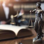 Estátua da Dama da Justiça com balança sobre mesa, ao lado de livro jurídico aberto, representando ações judiciais na área de Direito da Saúde