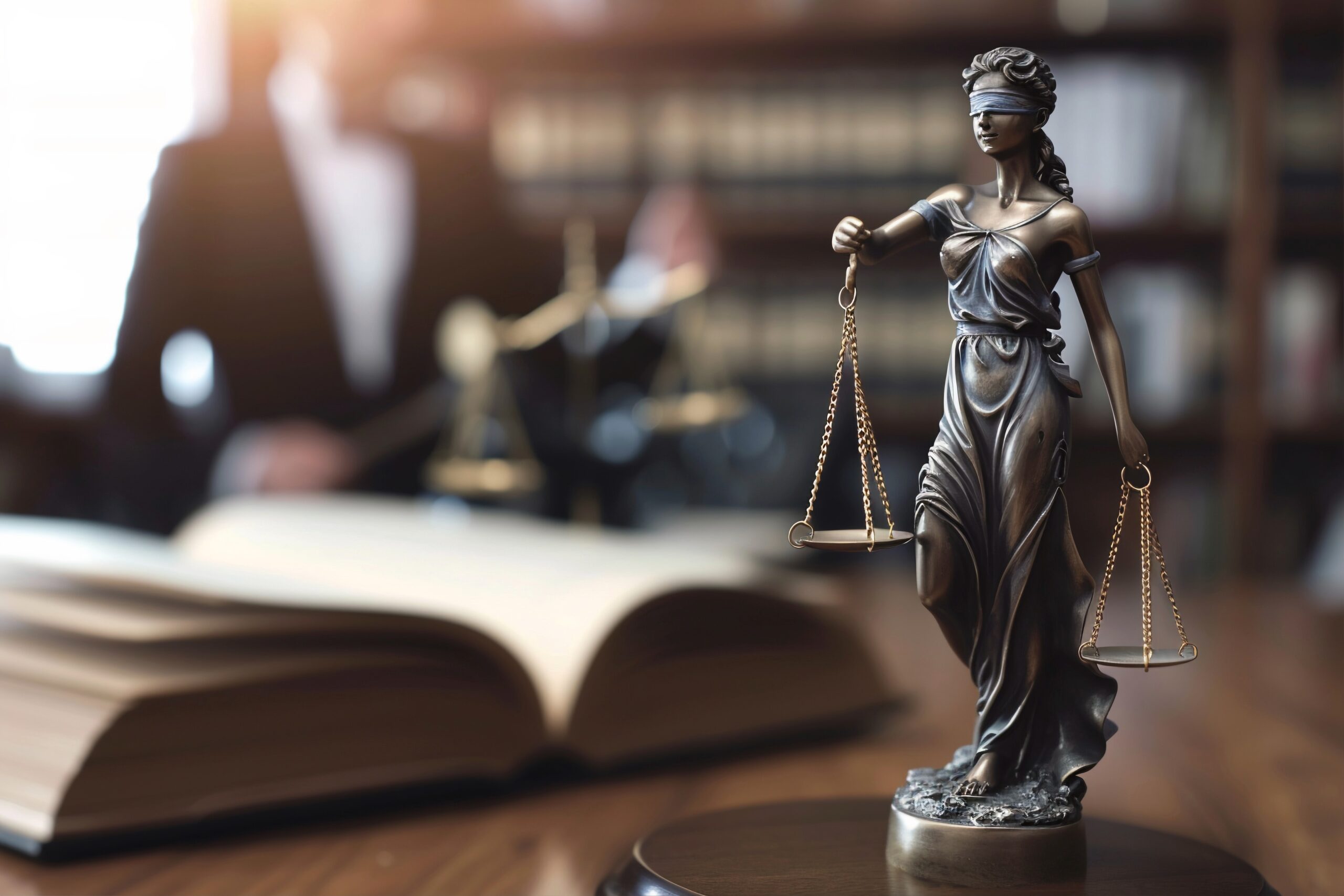 Estátua da Dama da Justiça com balança sobre mesa, ao lado de livro jurídico aberto, representando ações judiciais na área de Direito da Saúde
